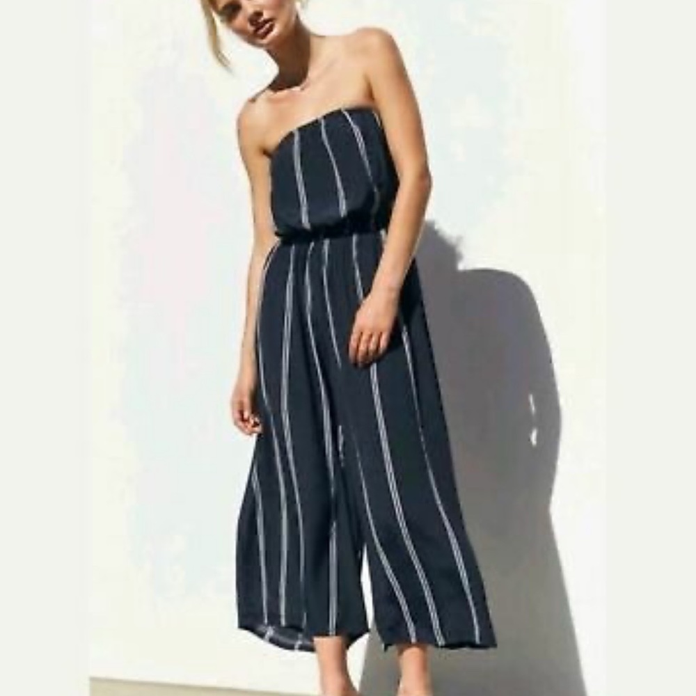 Urban outfitters navy striped strapless jumpsuit